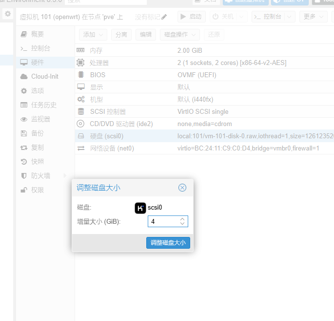 openwrt 的需求不高一般 2G 即可，此处分了 4G